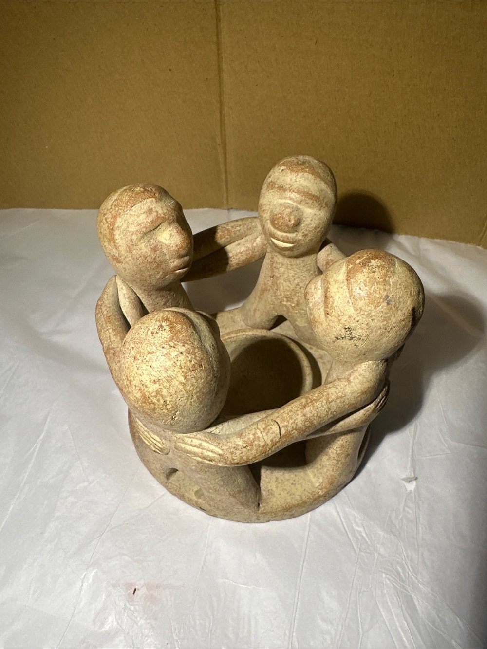 Handcrafted Beige Stone Circle of Friends Sculpture tea light Indonesia
